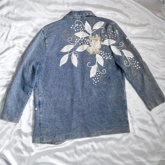 Unique VTG 80s Painted Bejeweled Blue Denim Jacket M L Lace Tuesdays Gift - Picture 14 of 15